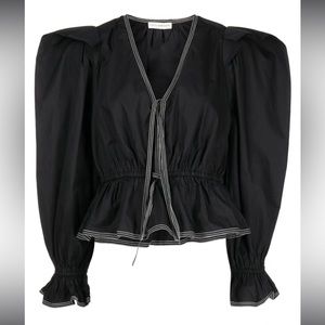 Ulla Johnson Black Puff-Sleeve Peplum Top with White Trim
